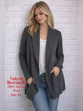 Valerie Bertinelli 100% Merino Wool Open Front gray Cardigan Size XL
